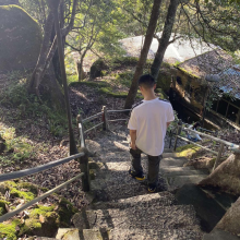 henry walking down some steps