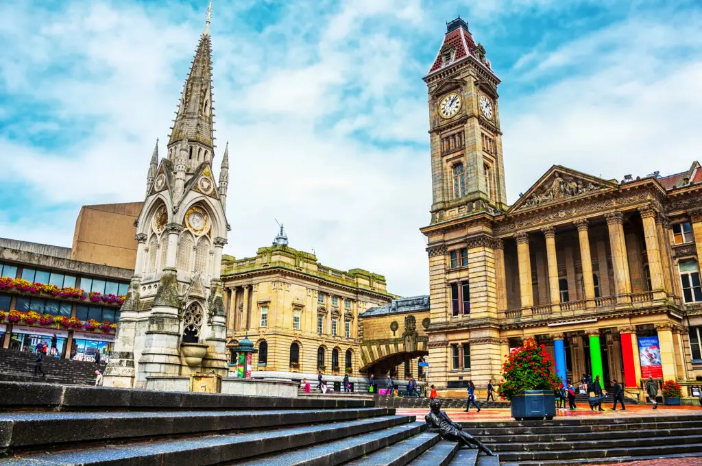 Birmingham city centre with the Chamberlain Memorial and Birmingham Council House in Victoria Square.