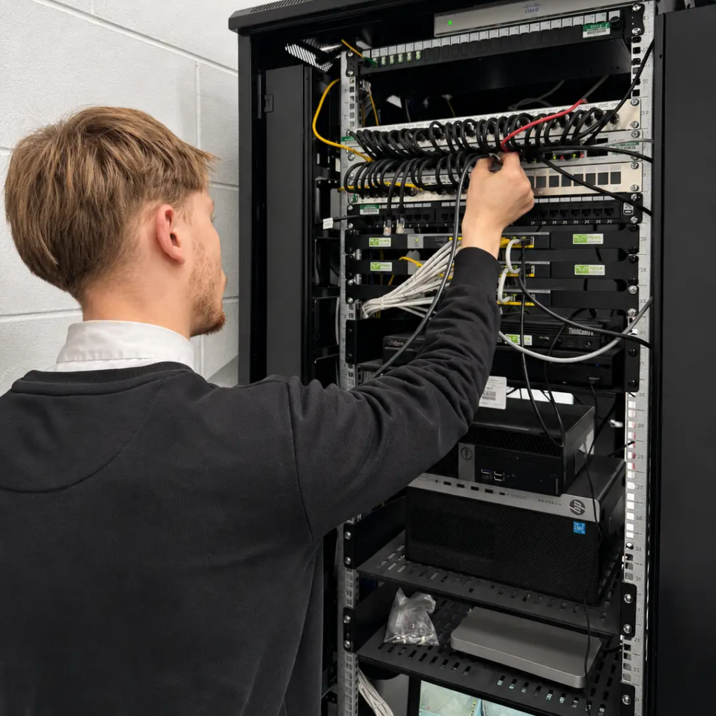 Technician configuring network cabling in a server cabinet