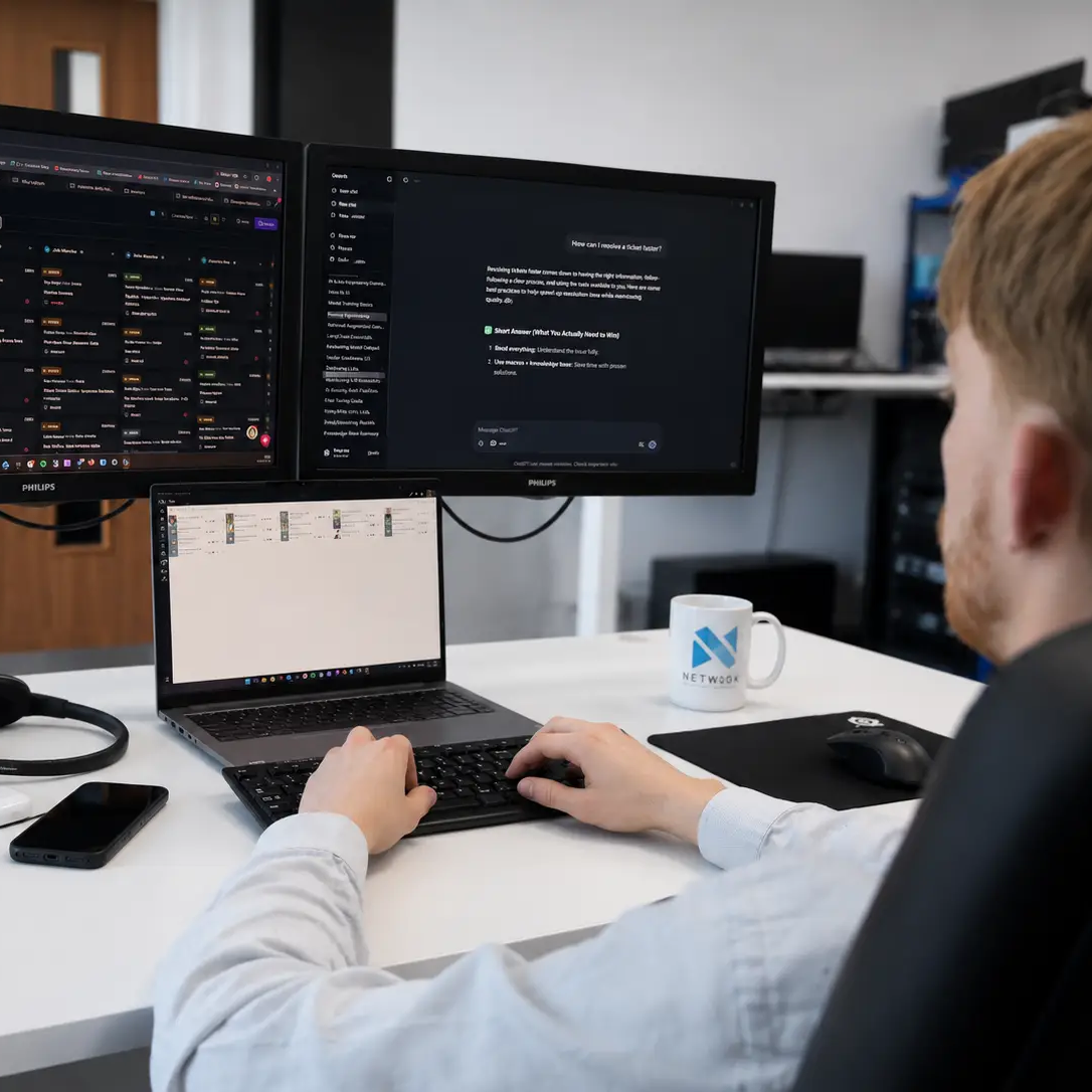 Engineer using Microsoft Copilot and project management tools across multiple screens in a modern office workspace