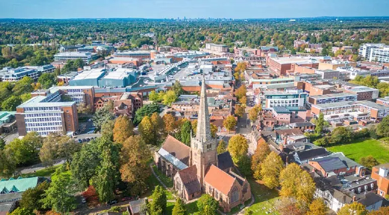 Aerial view of Solihull town centre with church spire and surrounding buildings